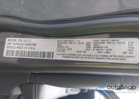 2022 Jeep Grand Cherokee L Laredo 4X4 z USA, uszkodzony, nr VIN 1C4RJKAG1N8547346